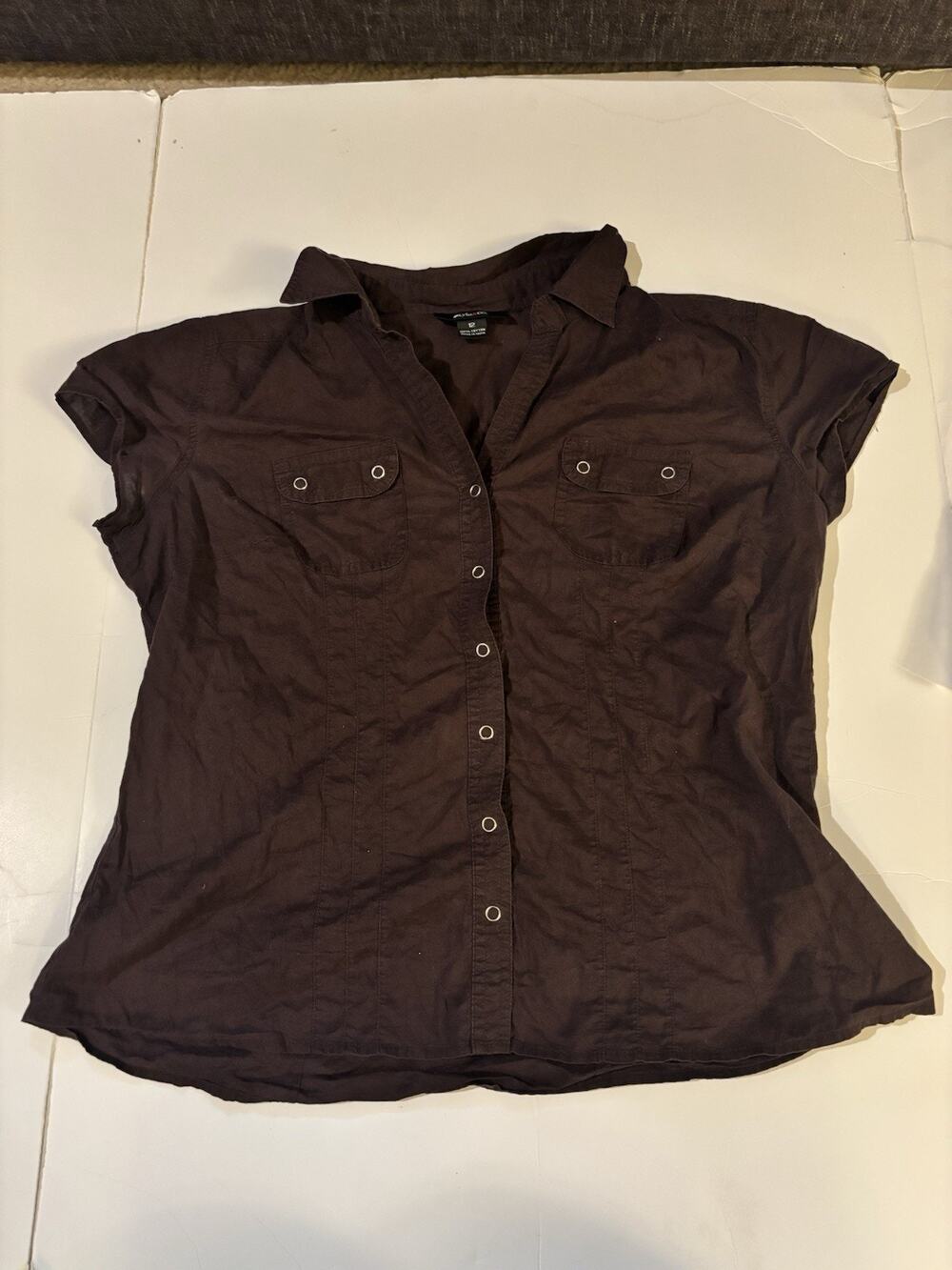STYLE & CO. Brown Short Sleeve Button Up Casual Dress Top Women's Size Petite 12